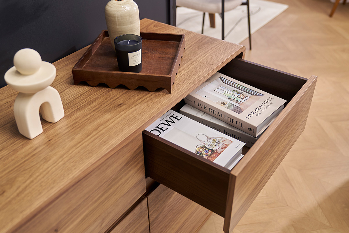 Buffet design en bois fonc noyer 3 portes 3 tiroirs L160 cm JAKO