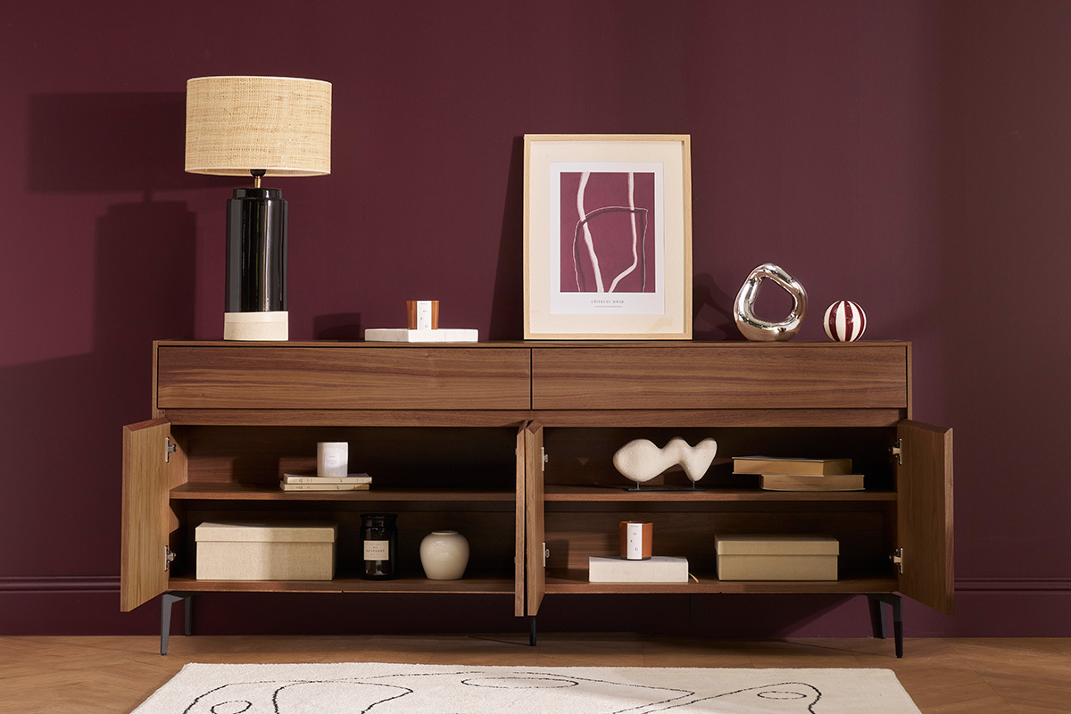 Buffet design en bois fonc noyer et mtal noir 4 portes 2 tiroirs L180 cm BLISS