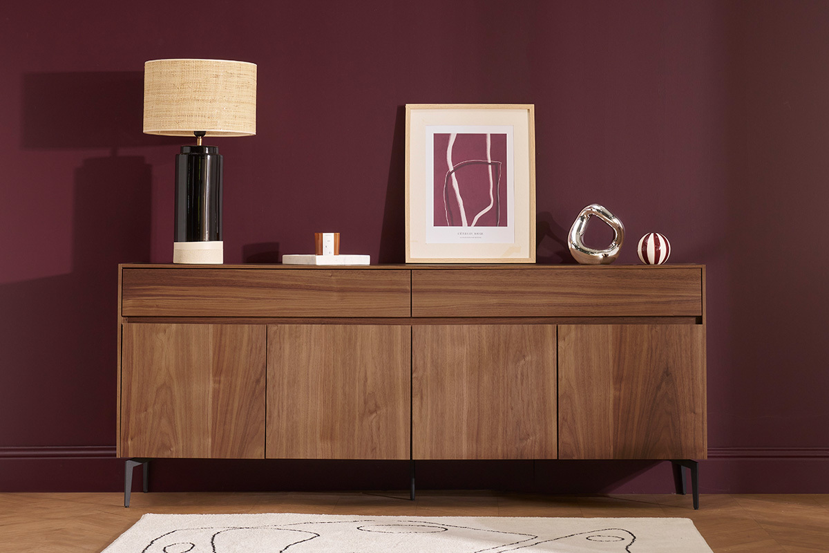 Buffet design en bois fonc noyer et mtal noir 4 portes 2 tiroirs L180 cm BLISS