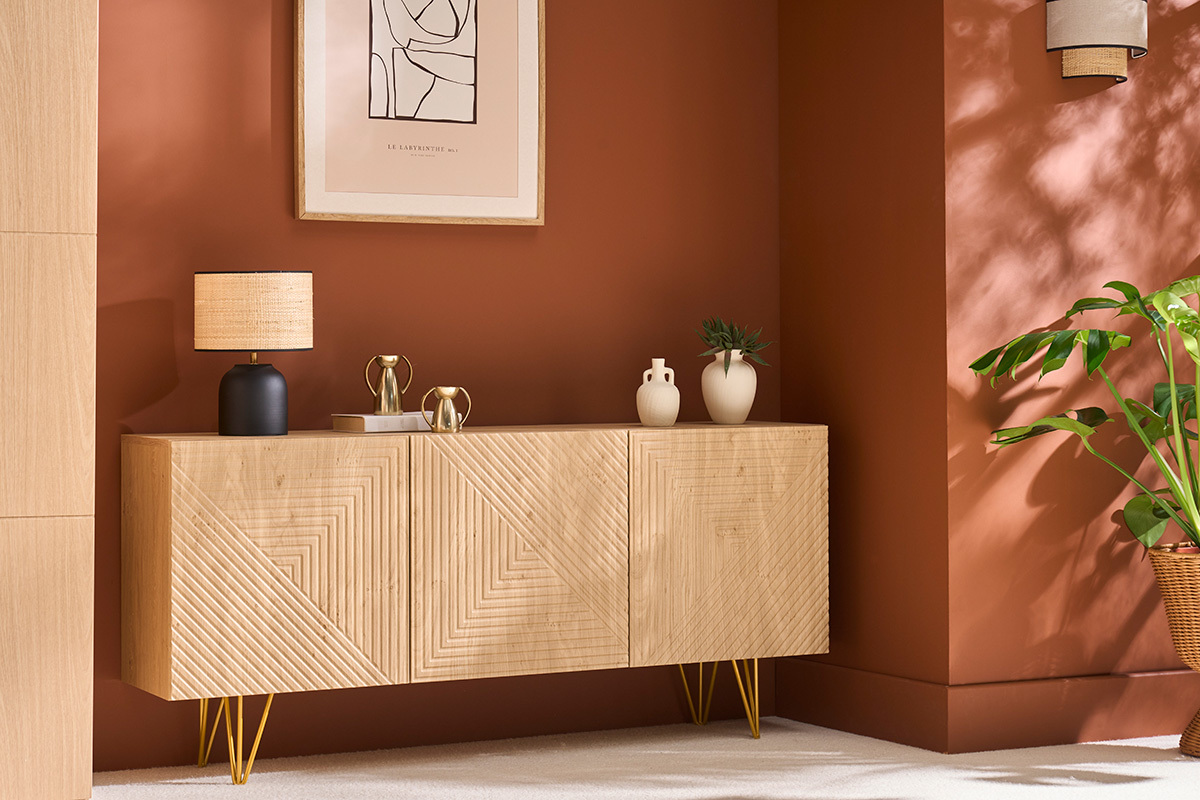 Buffet design grav finition bois clair chne et mtal dor 3 portes L160 cm OZEN