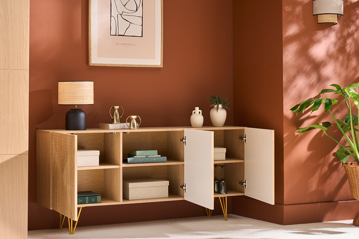 Buffet design grav finition bois clair chne et mtal dor 3 portes L160 cm OZEN