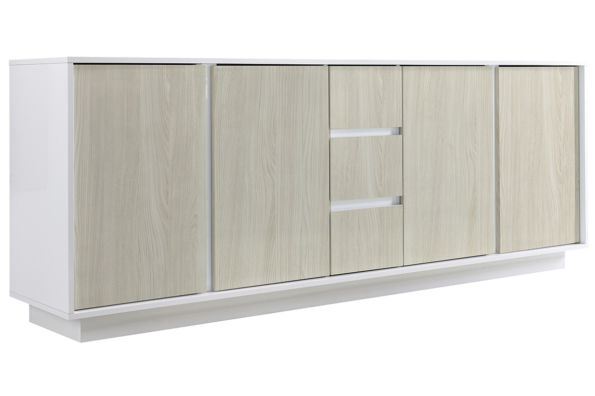 Buffet design laqu� blanc brillant et effet ch�ne L210 cm HERO