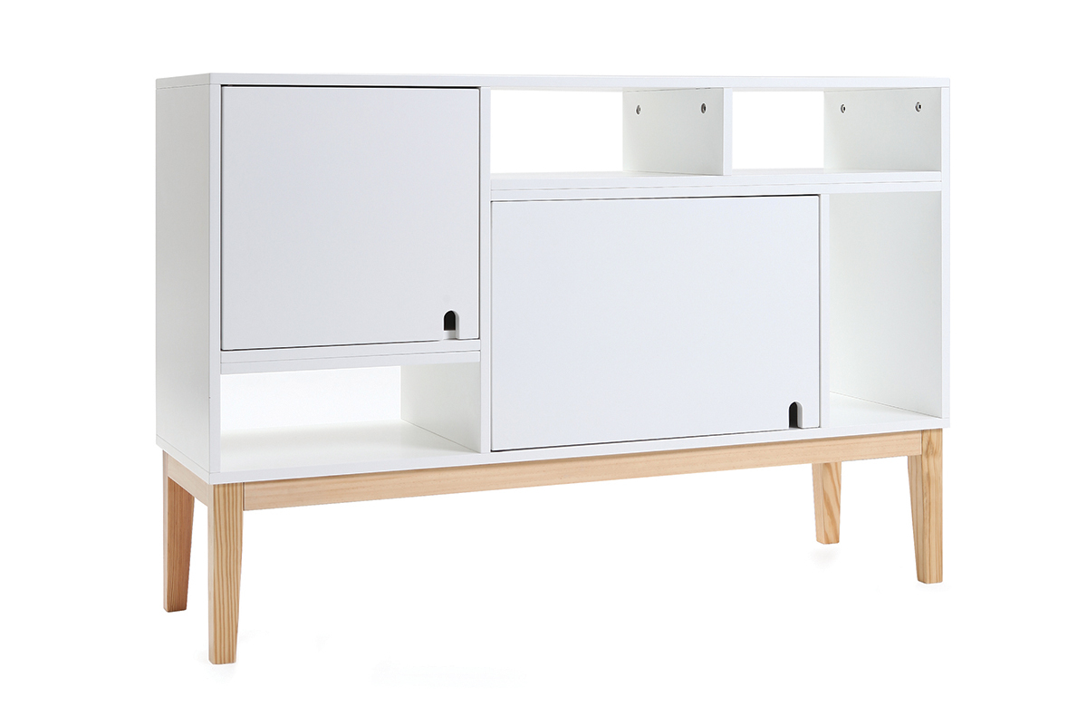 Buffet design laqu blanc mat et bois SKAL