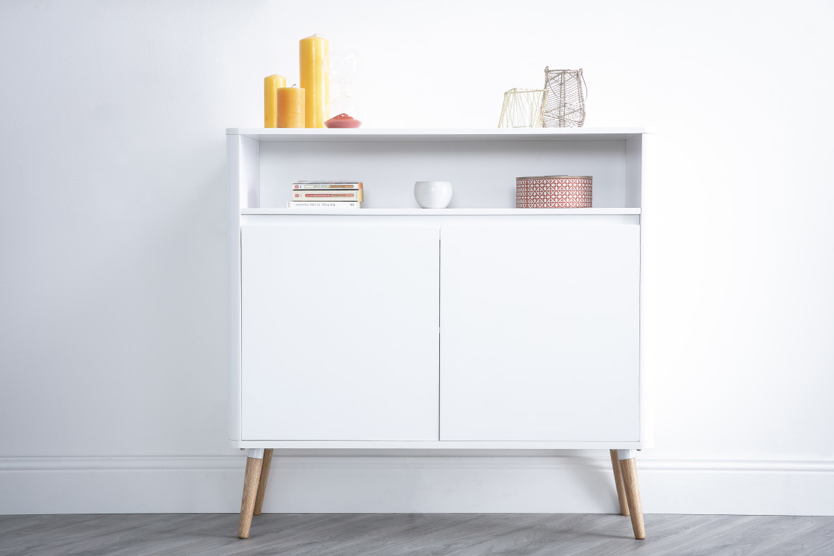 Buffet design scandinave blanc et bois 2 portes L105 cm TOTEM