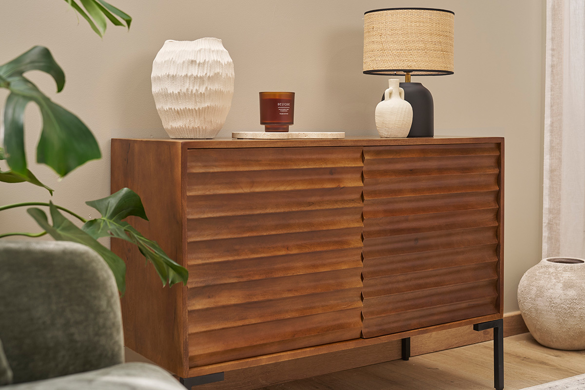 Buffet en bois fonc manguier massif et mtal noir 2 portes L100 cm ONDA