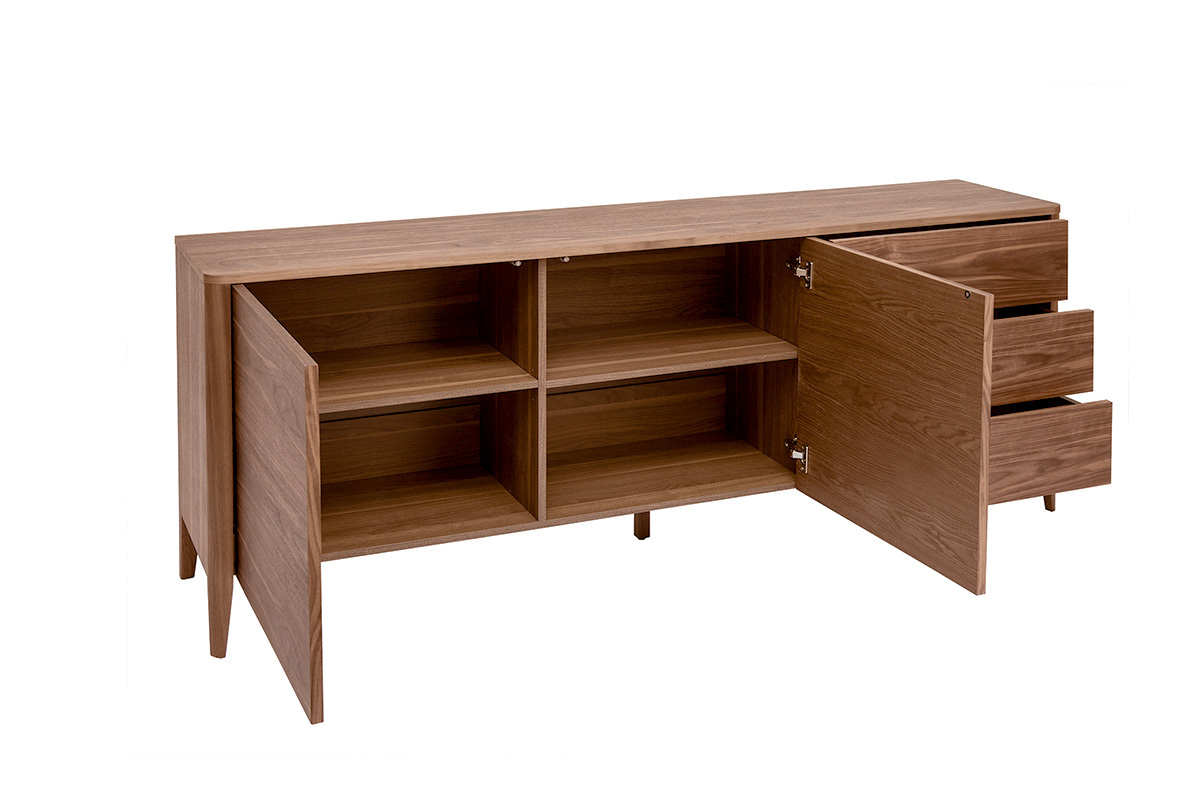 Buffet en bois fonc noyer avec deux portes ouvertes et trois tiroirs ouverts, vue de profil.