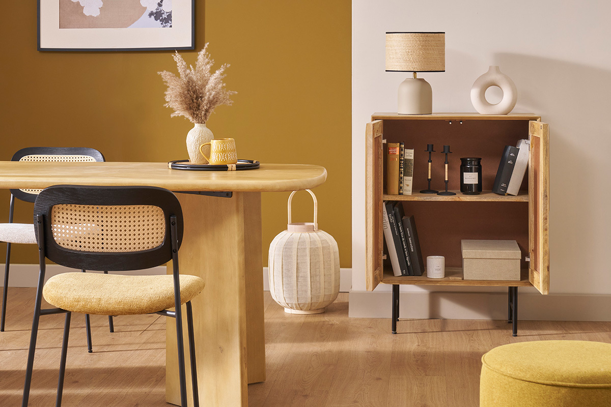 Buffet en bois manguier massif grav et mtal noir 2 portes L70 cm AGRA