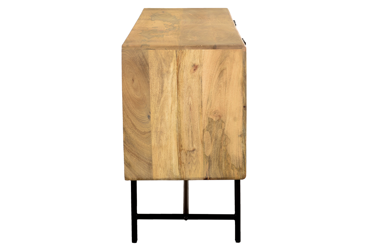 Buffet en bois manguier massif grav� et m�tal noir 4 portes L160 cm MORISSON