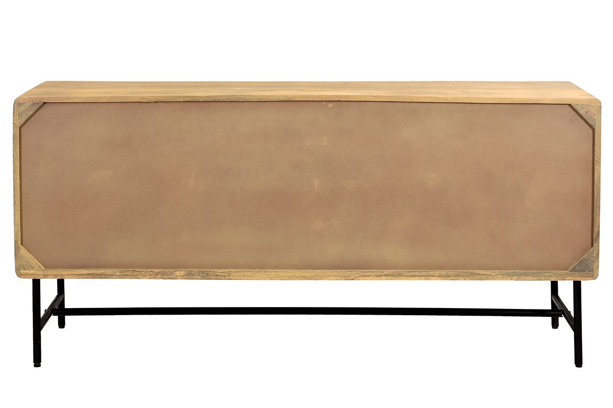 Buffet en bois manguier massif grav� et m�tal noir 4 portes L160 cm MORISSON
