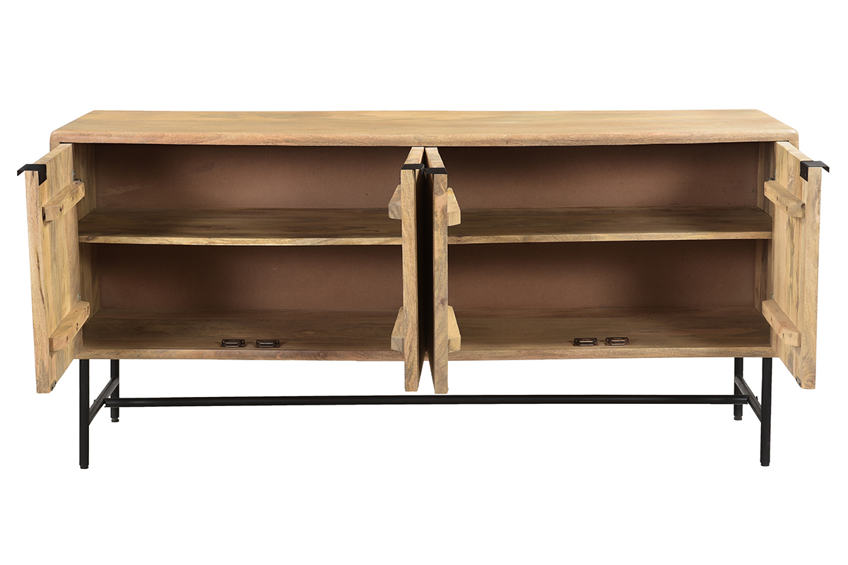 Buffet en bois manguier massif grav� et m�tal noir 4 portes L160 cm MORISSON