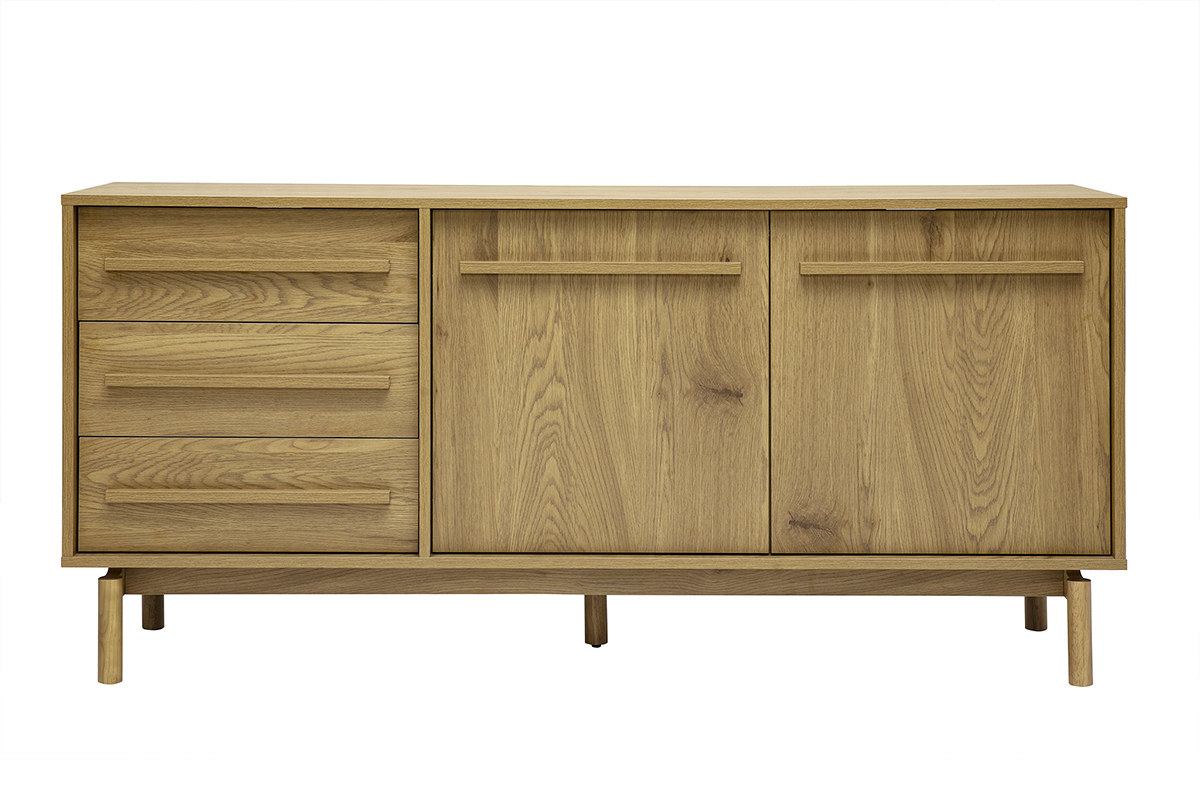 Buffet en bois clair finition ch�ne, 2 portes et 3 tiroirs, vue de face