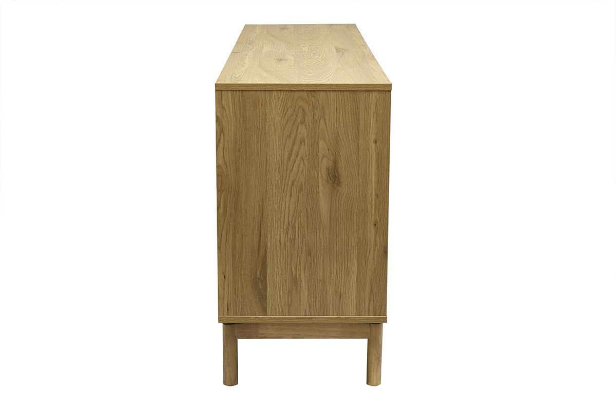 Buffet en bois de ch�ne de profil, 2 portes et 3 tiroirs, finition claire, dimensions L160 cm.