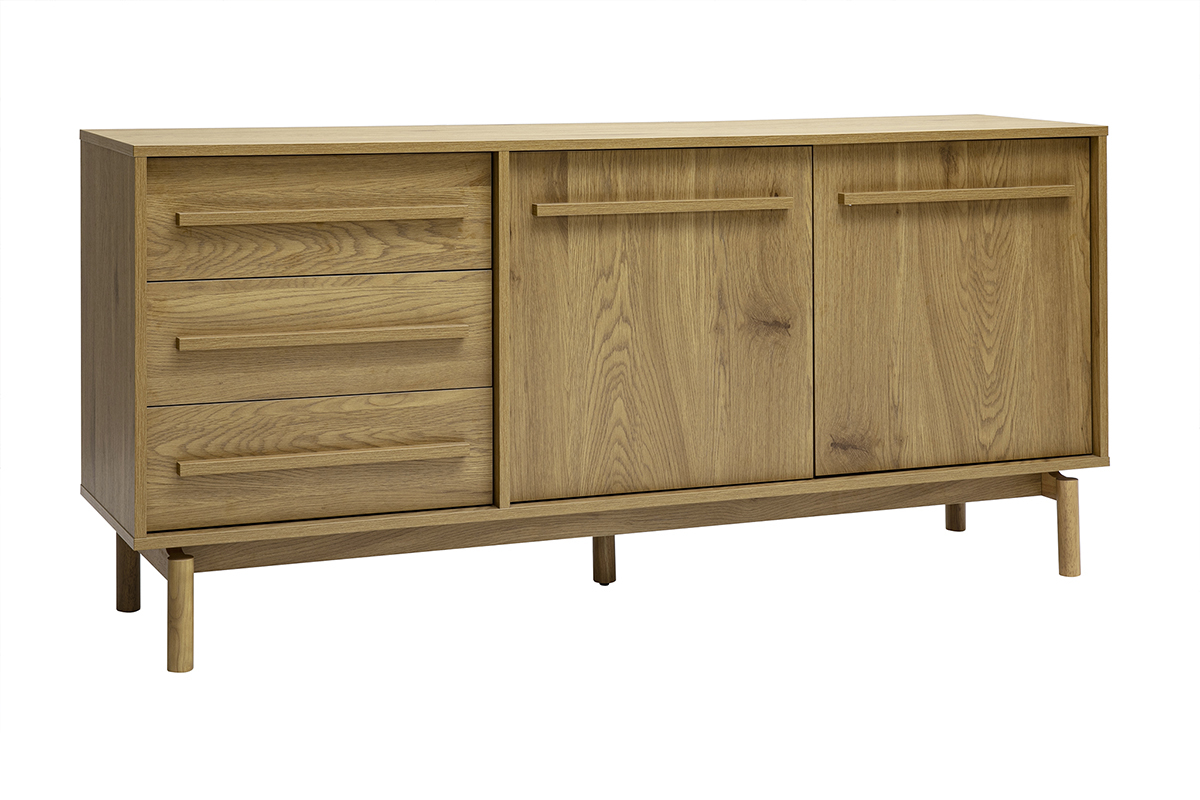 Buffet en bois ch�ne avec 2 portes et 3 tiroirs, vue de 3/4.
