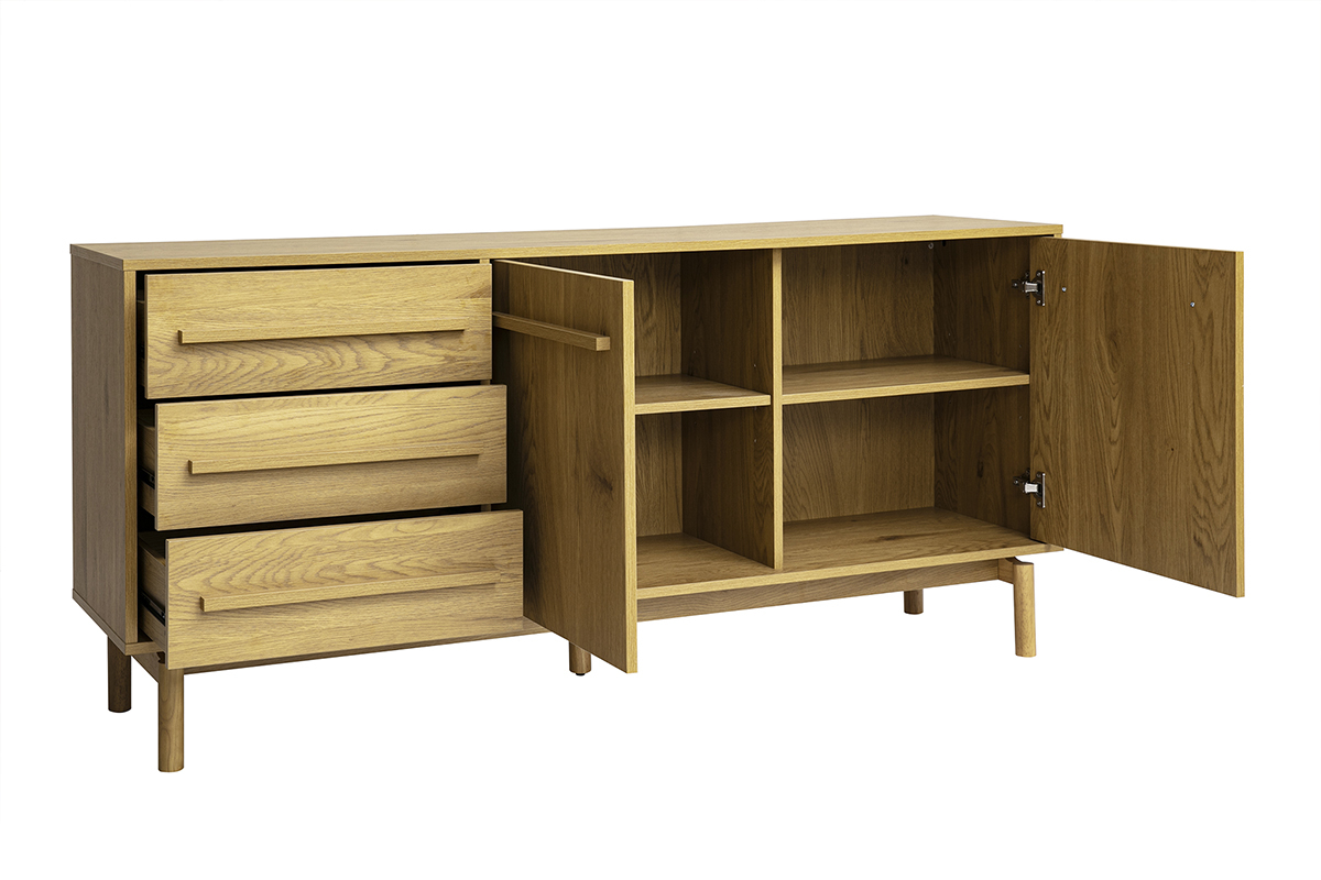 Buffet en bois ch�ne avec 2 portes et 3 tiroirs, vue de 3/4, L160 cm.