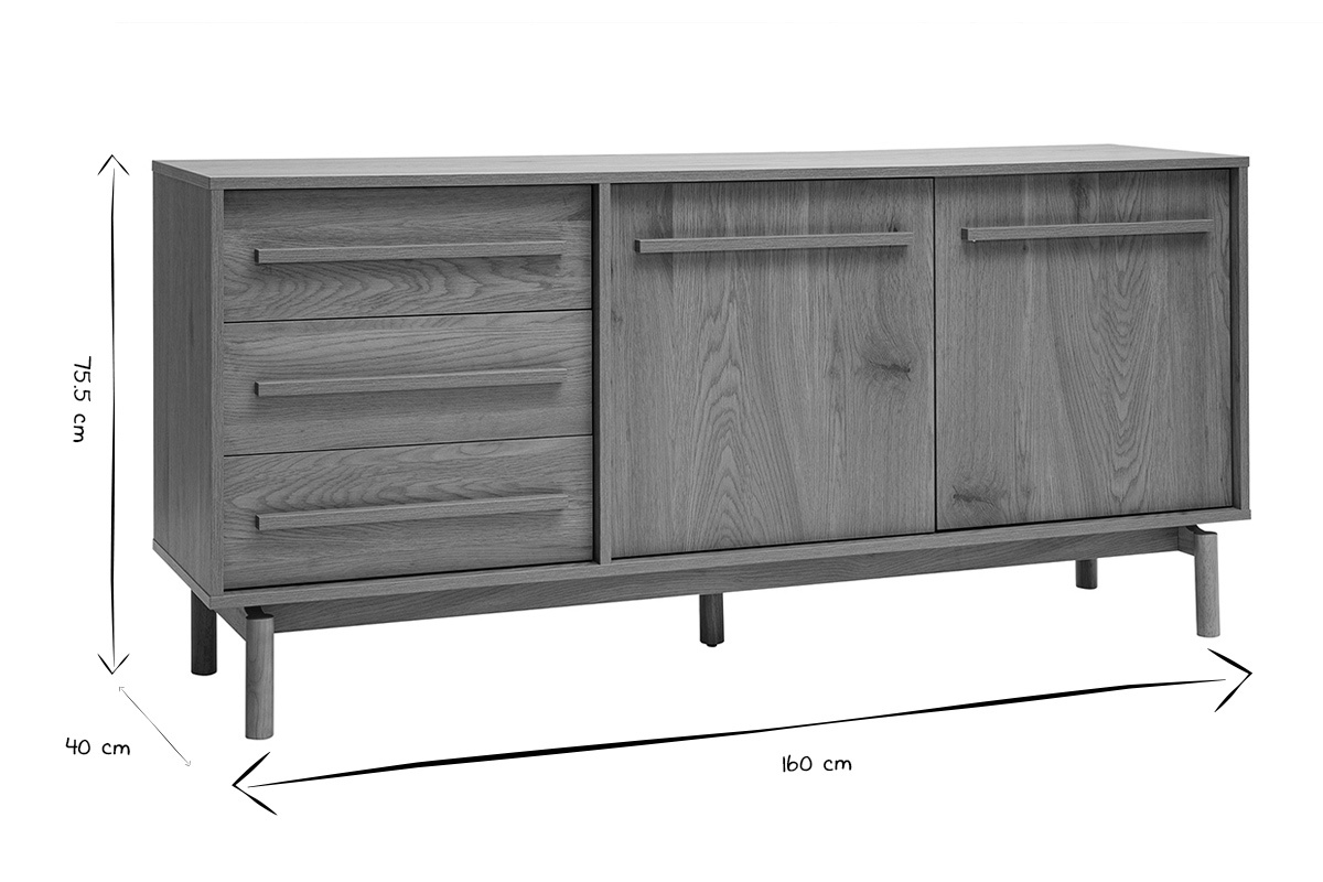 Buffet en noir et blanc avec dimensions : 160 cm de long, 75,5 cm de haut, 40 cm de profondeur.