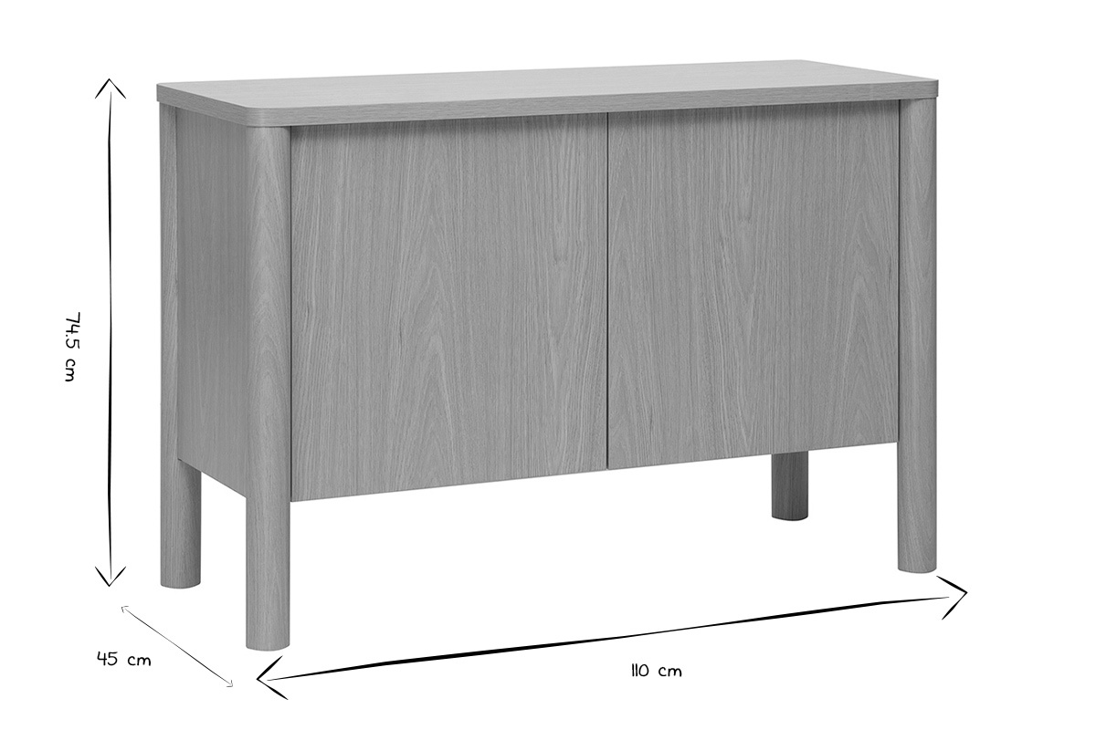Dimensions du buffet IZZIE en noir et blanc : 110 cm de largeur, 45 cm de profondeur, 74,5 cm de hauteur.