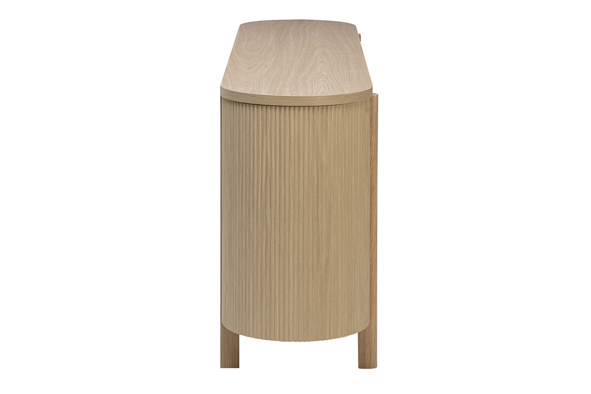 Buffet en bois clair ch�ne, trois portes, vue de profil avec pieds arrondis.