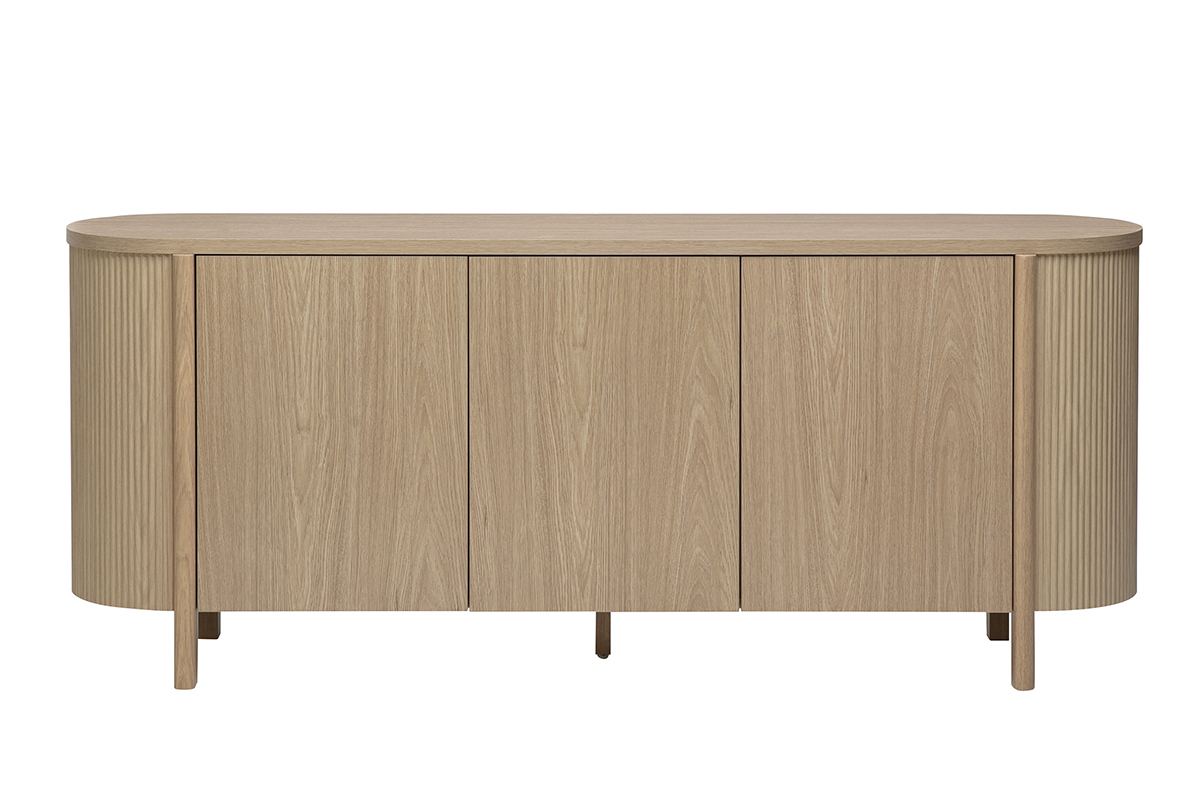 Buffet en bois clair ch�ne, 3 portes, vue de face, finition arrondie et cannel�e.