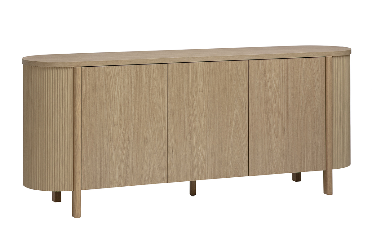 Buffet en bois clair ch�ne 3 portes, vue de 3/4, finition cannel�e et arrondie.
