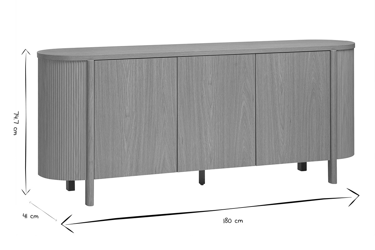 Buffet en bois clair ch�ne PAOLINE, dimensions : L180 cm, H74.7 cm, P41 cm, en noir et blanc.