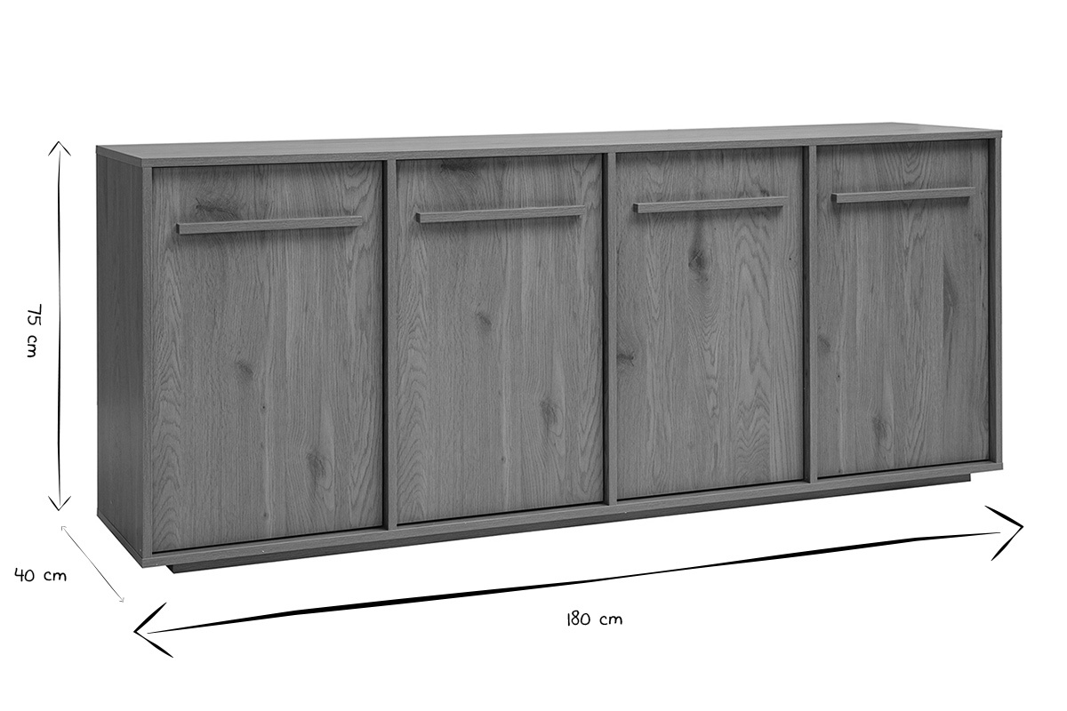 Dimensions du buffet en noir et blanc : 180 cm de long, 75 cm de haut, 40 cm de profondeur.