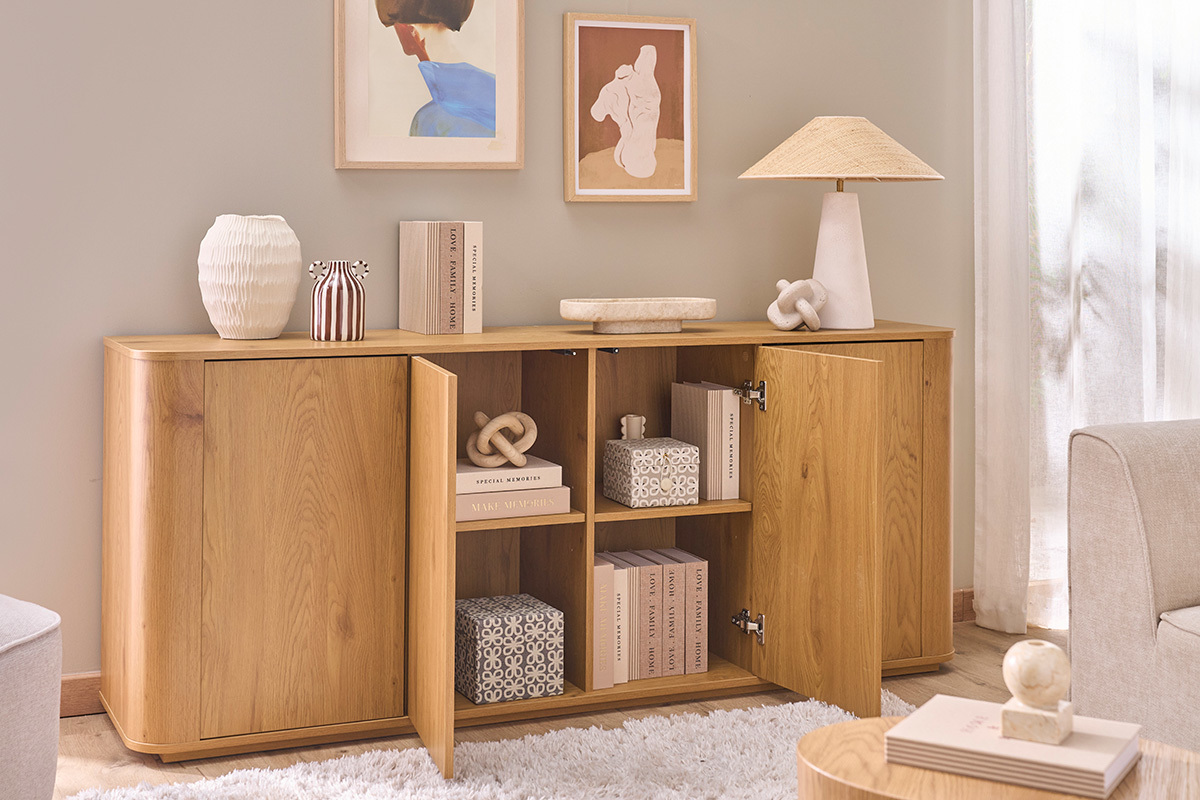 Buffet finition bois clair ch�ne 4 portes L180 cm NEGAN