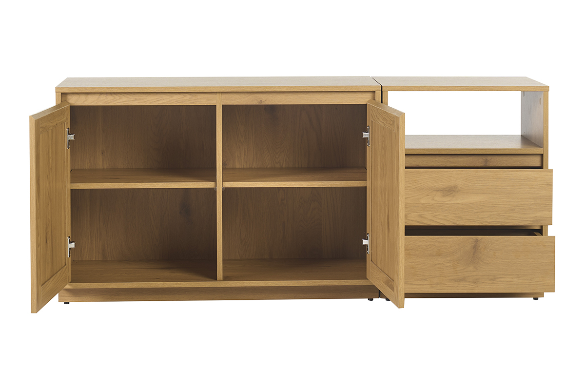 Buffet en bois clair avec portes ouvertes et tiroirs visibles, vue de face.