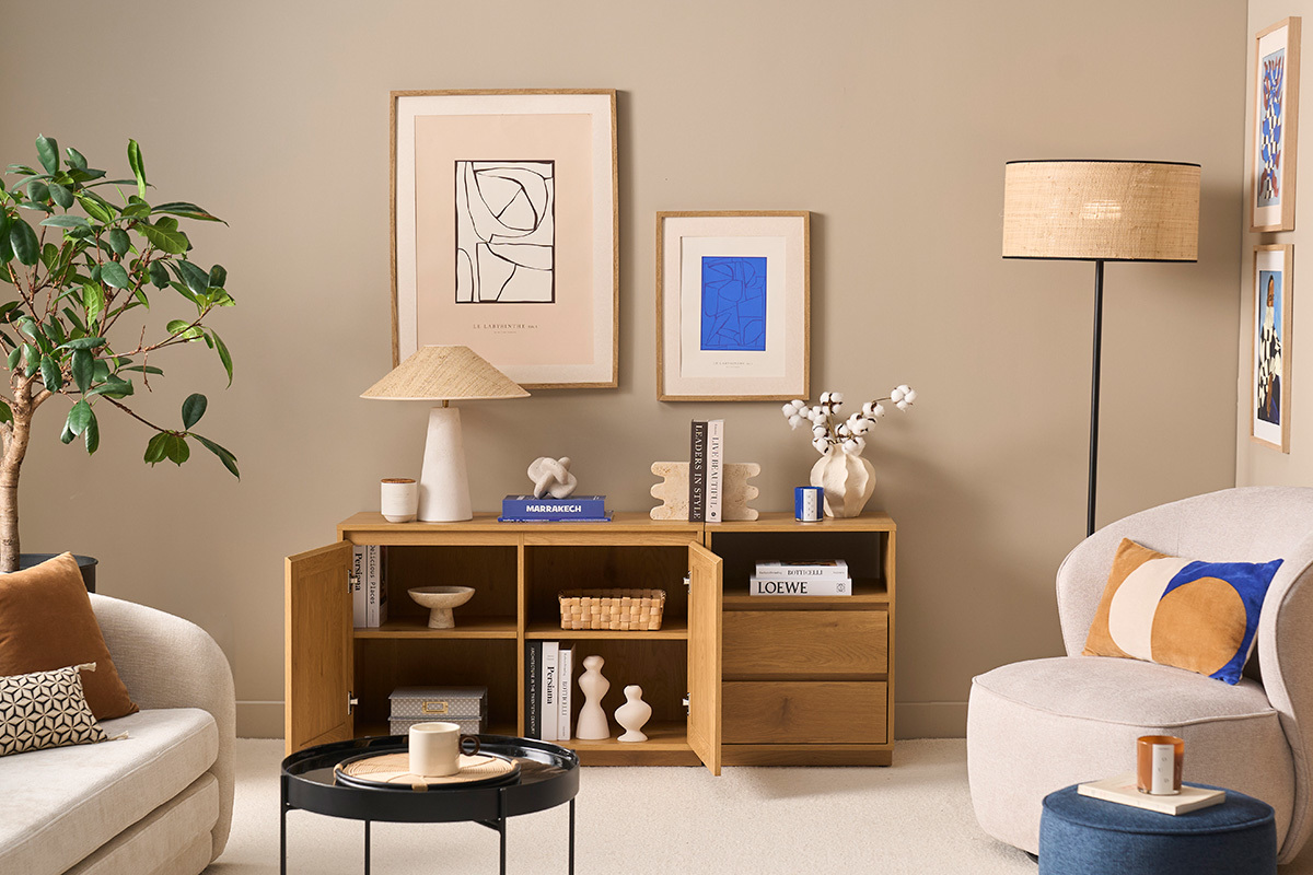 Buffet finition bois clair ch�ne et cannage rotin 2 portes 2 tiroirs L146 cm SEVILLE