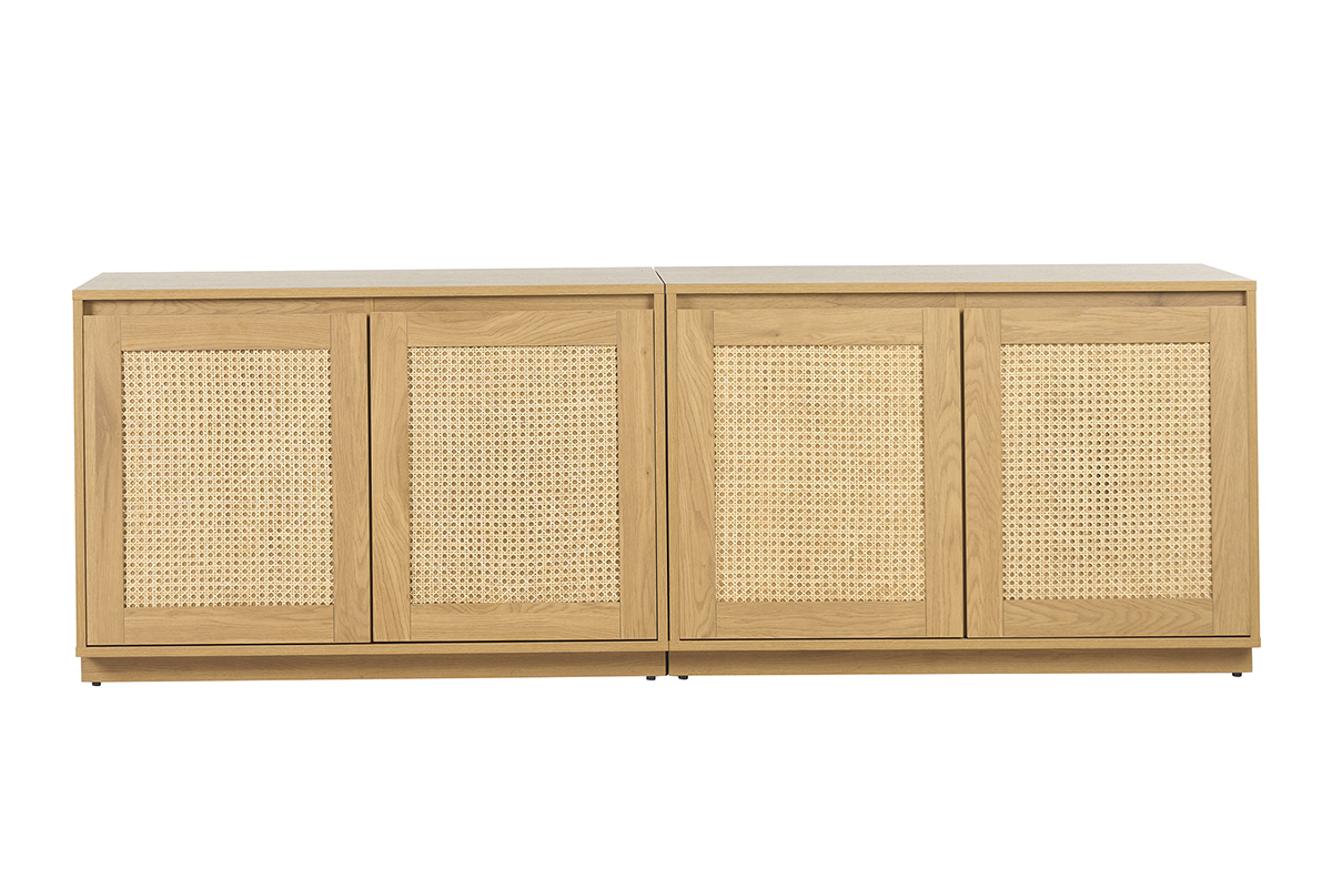 Buffet en bois clair ch�ne avec cannage rotin, 4 portes, vue de face.
