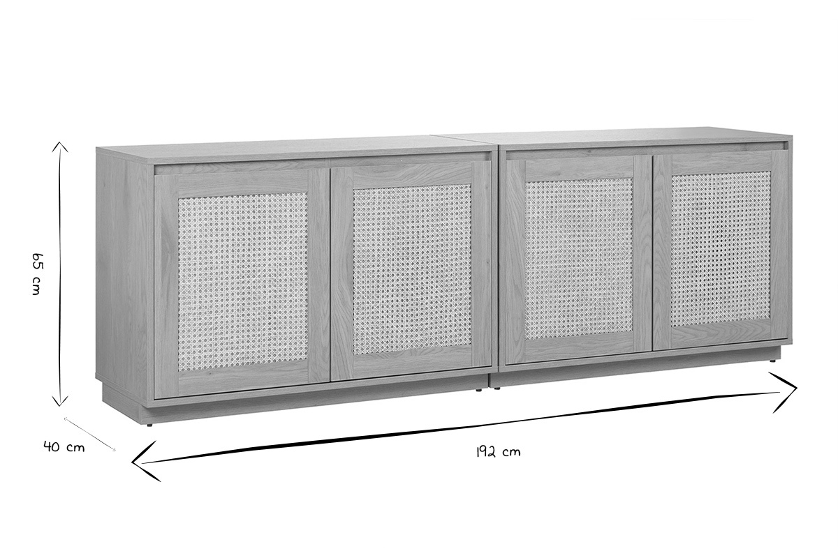 Buffet noir et blanc 4 portes, dimensions 192x40x65 cm, vue de face.