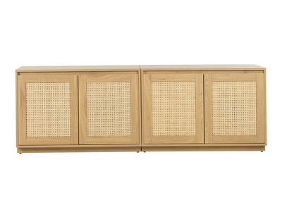 Buffet finition bois clair ch&ecirc;ne et cannage rotin 4 portes L192 cm SEVILLE