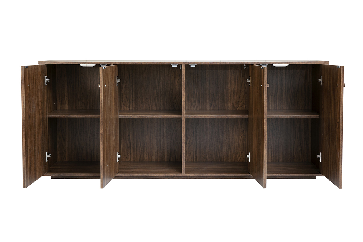 Buffet en bois fonc� noyer, 4 portes ouvertes, montrant l'int�rieur et les �tag�res.