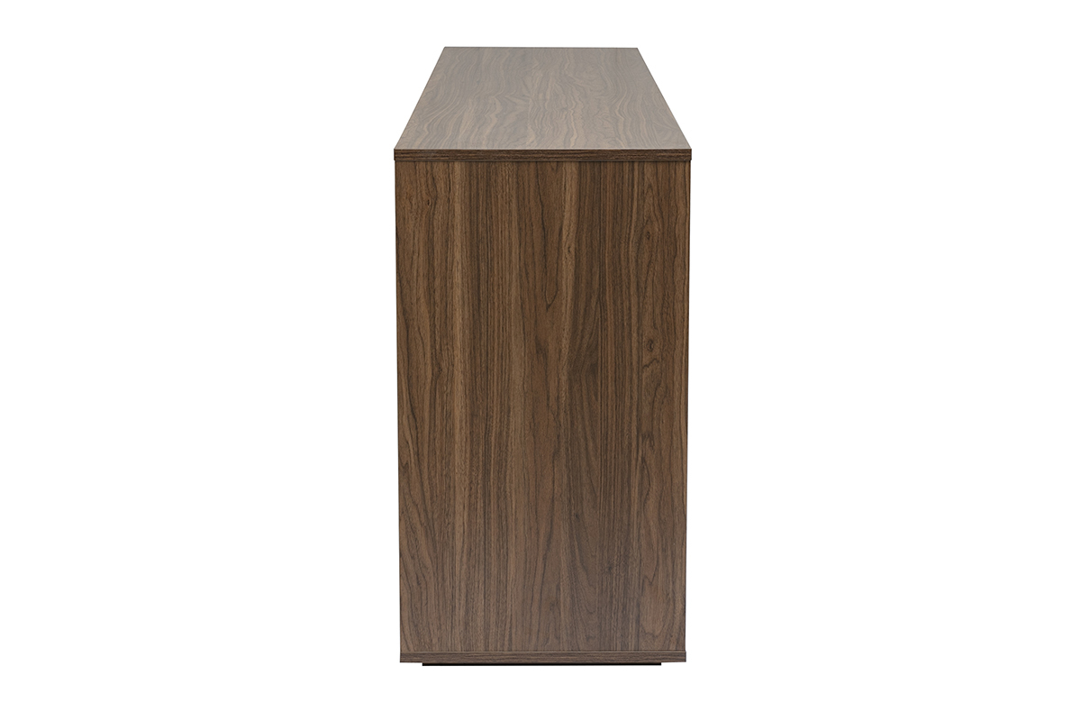 Buffet en bois fonc� noyer � quatre portes, vue de profil.