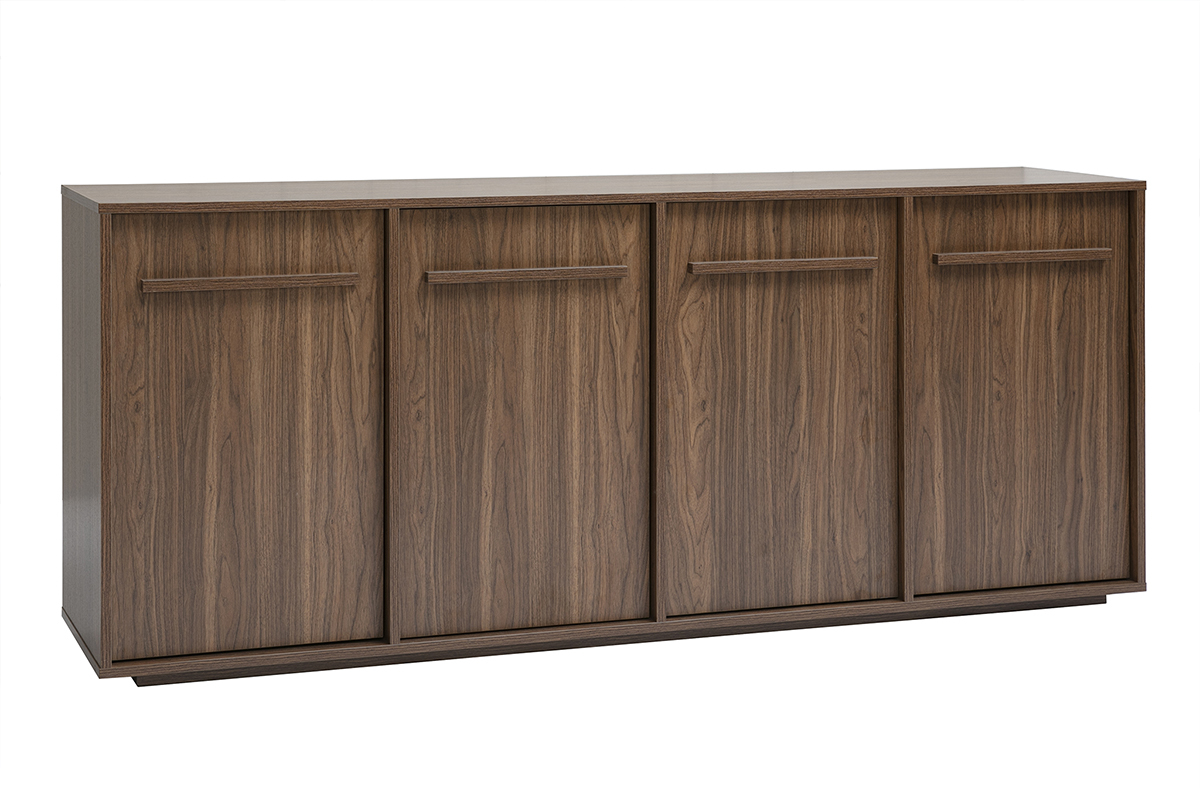 Buffet en bois fonc� noyer 4 portes, vue de 3/4, meuble de rangement moderne