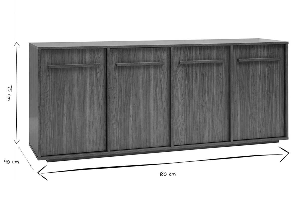 Buffet LOTHAIRE finition bois fonc� noyer 4 portes avec dimensions en noir et blanc : L180cm, H75cm, P40cm.