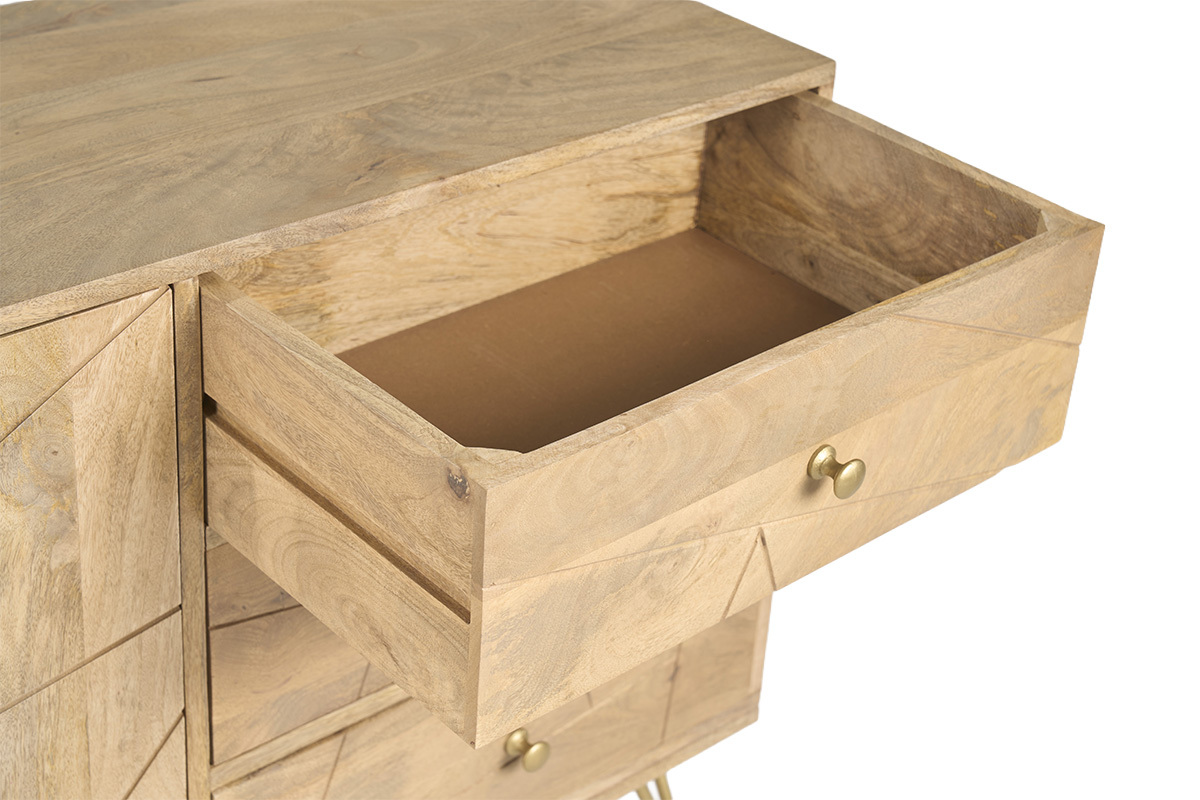 Buffet en manguier massif avec tiroir ouvert, vue de dessus.