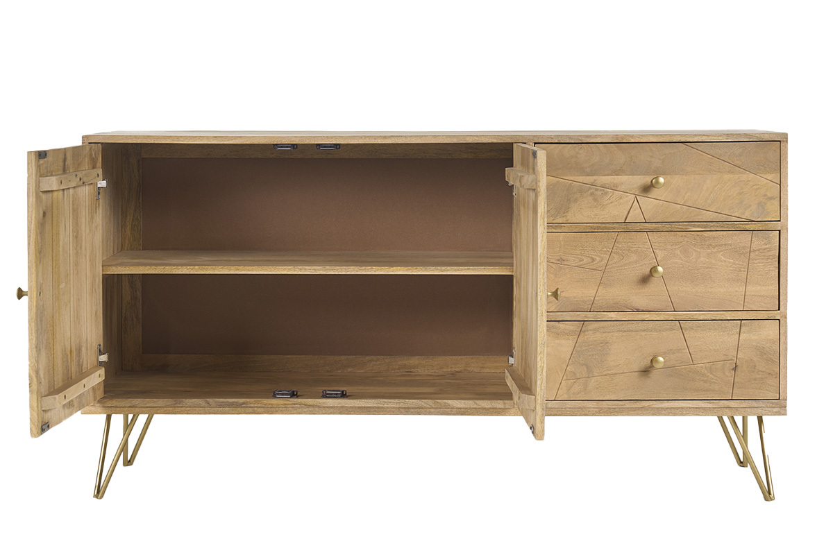 Buffet en bois de manguier avec 2 portes ouvertes et 3 tiroirs, pieds en m�tal dor�, vue de face.