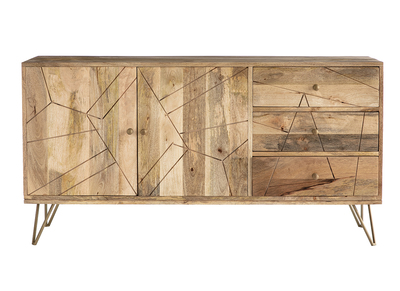 Buffet gravé en bois manguier massif et métal doré 2 portes 3 tiroirs L145 cm LINIUM
