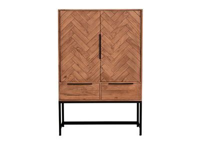 Buffet haut à motifs chevrons en bois massif et métal noir 2 portes 2 tiroirs STICK