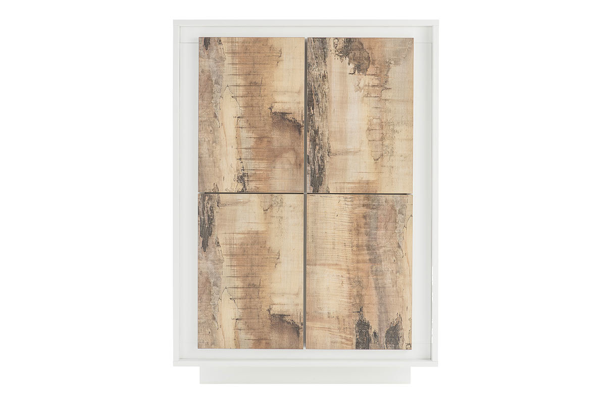 Buffet haut design 4 portes blanc et dcor bois clair LAND