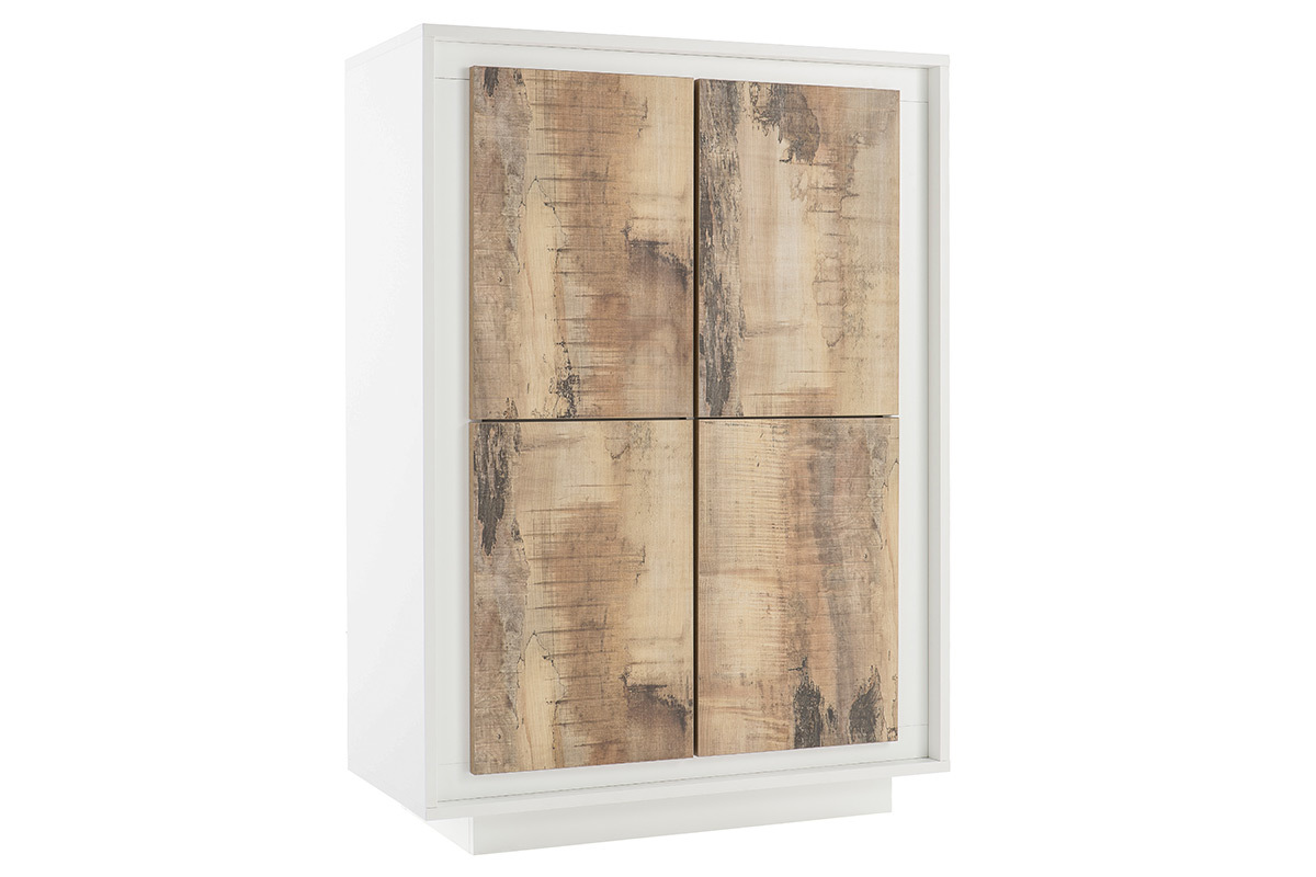 Buffet haut design 4 portes blanc et dcor bois clair LAND