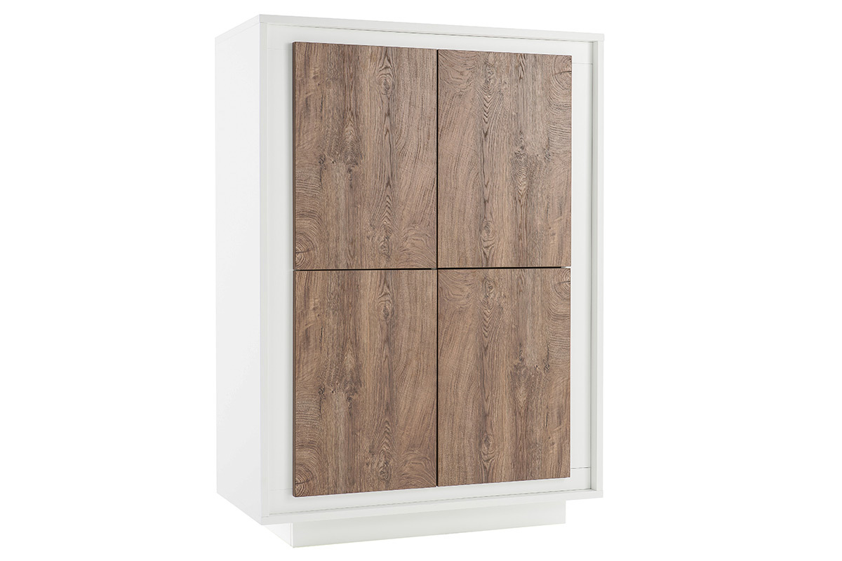 Buffet haut design 4 portes blanc et dcor bois fonc LAND