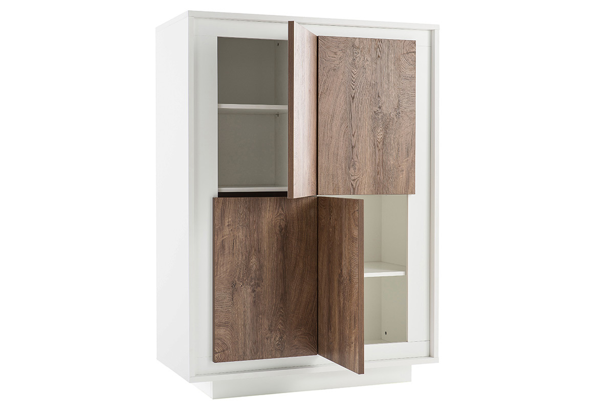 Buffet haut design 4 portes blanc et dcor bois fonc LAND