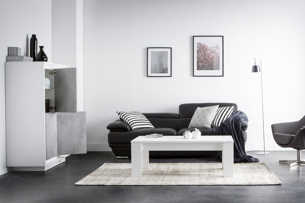 Buffet haut design 4 portes blanc et dcor bois fonc LAND