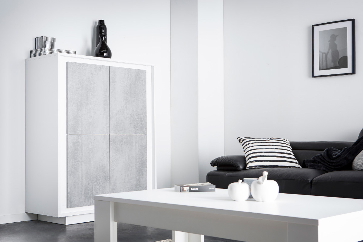 Buffet haut design 4 portes blanc et dcor ciment LAND
