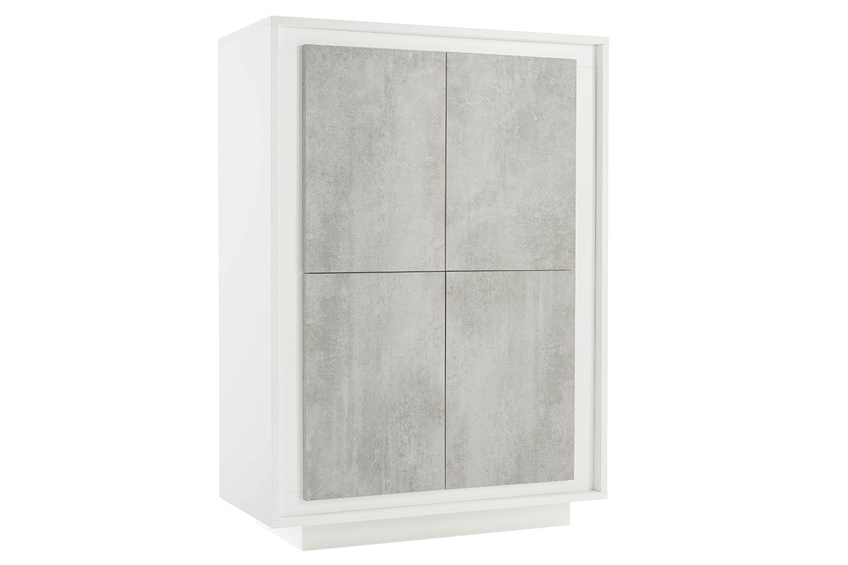 Buffet haut design 4 portes blanc et dcor ciment LAND