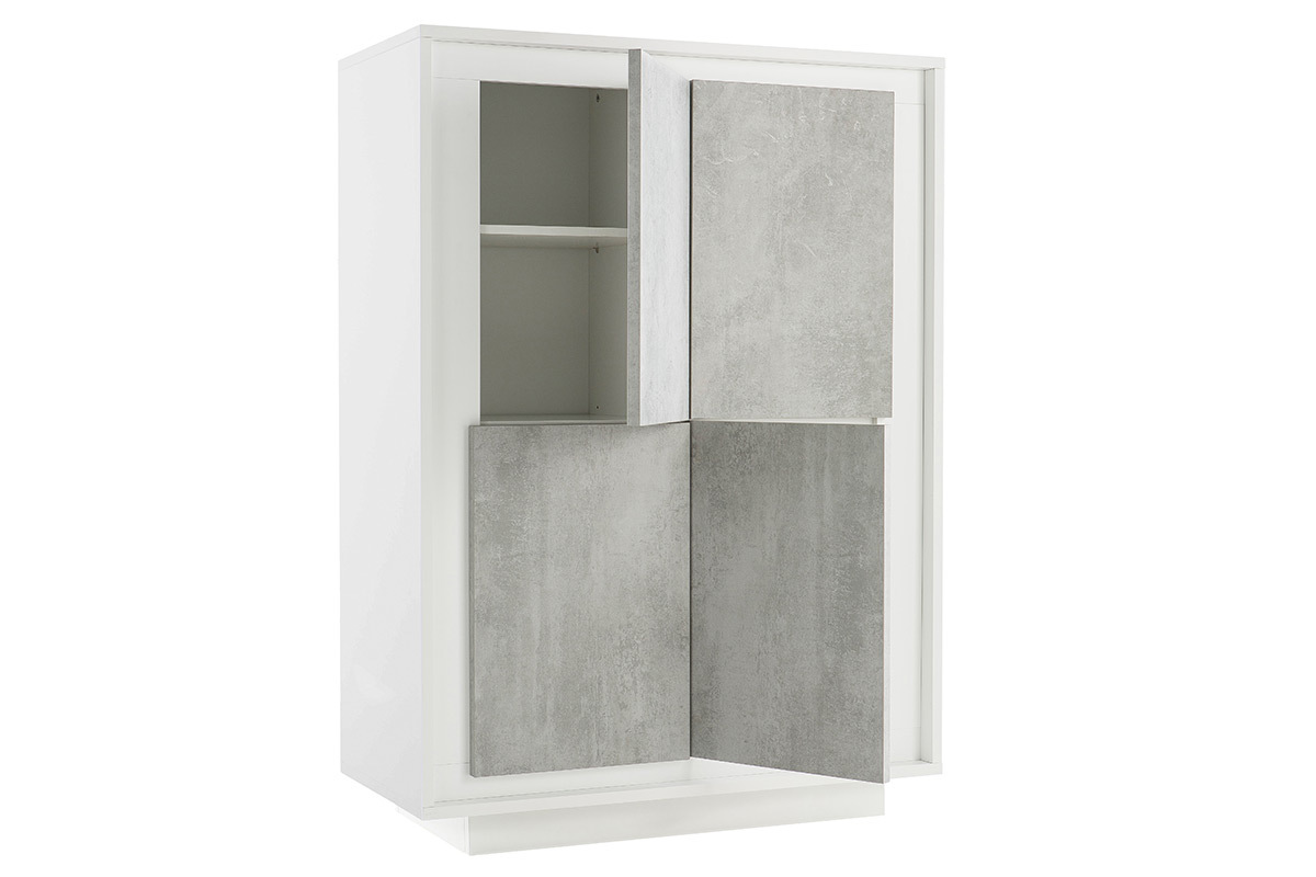 Buffet haut design 4 portes blanc et dcor ciment LAND