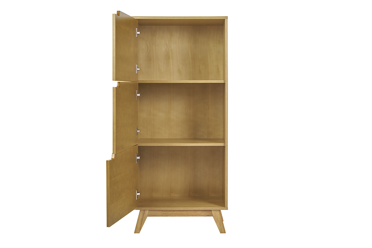 Buffet haut scandinave en bois clair hva avec trois portes ouvertes, modle LEENA.