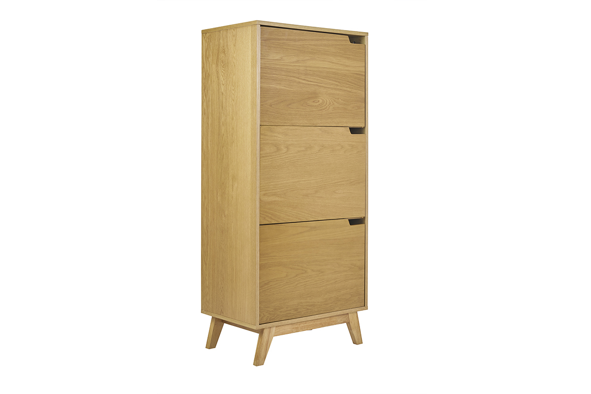 Buffet haut scandinave bois clair hva 60 cm, style pur, trois portes, poignes intgres, modle LEENA