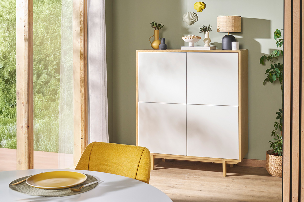 Buffet Haut Style Industriel En Bois D'Ingénierie - 70x31x115 Cm - 2 Portes + 1 Tiroir - Pieds Métal